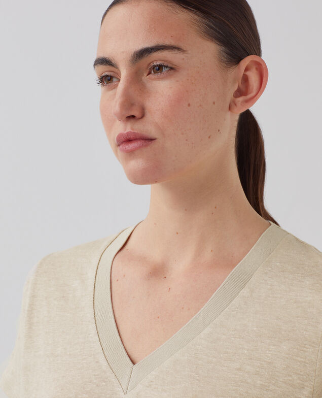 SARAH - Camiseta de lino con cuello de pico J020 beige lining