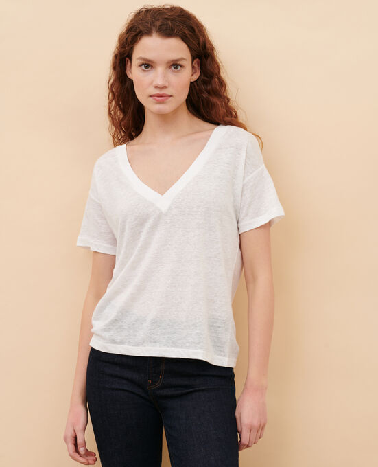 SARAH - Camiseta de lino con cuello de pico OPTICAL WHITE