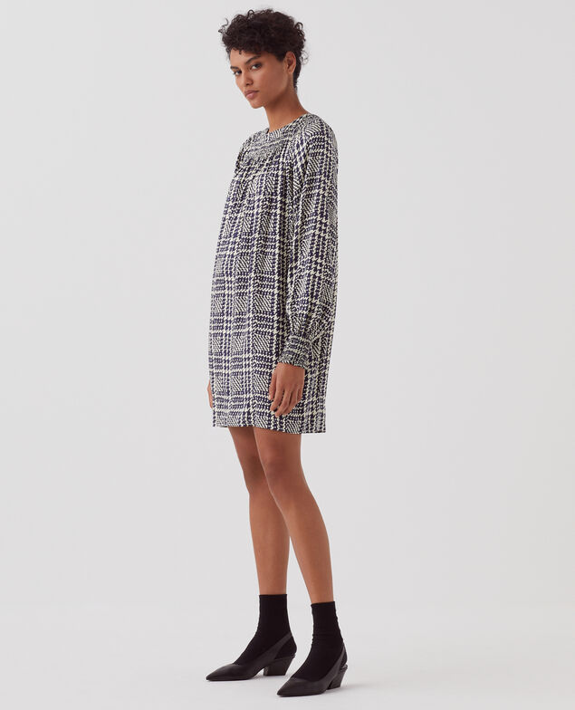 Vestido corto fluido con manga larga I681 houndstooth ble