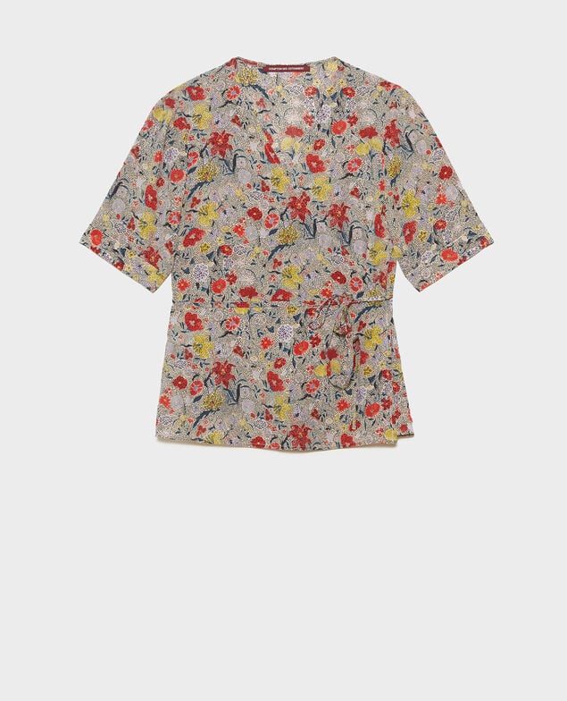  Blusa de seda motivo floral con escote cruzado Print eden cream