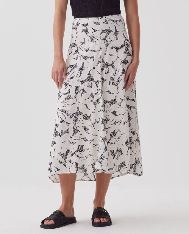 Falda larga fluida asimétrica J301 flower camo ecru