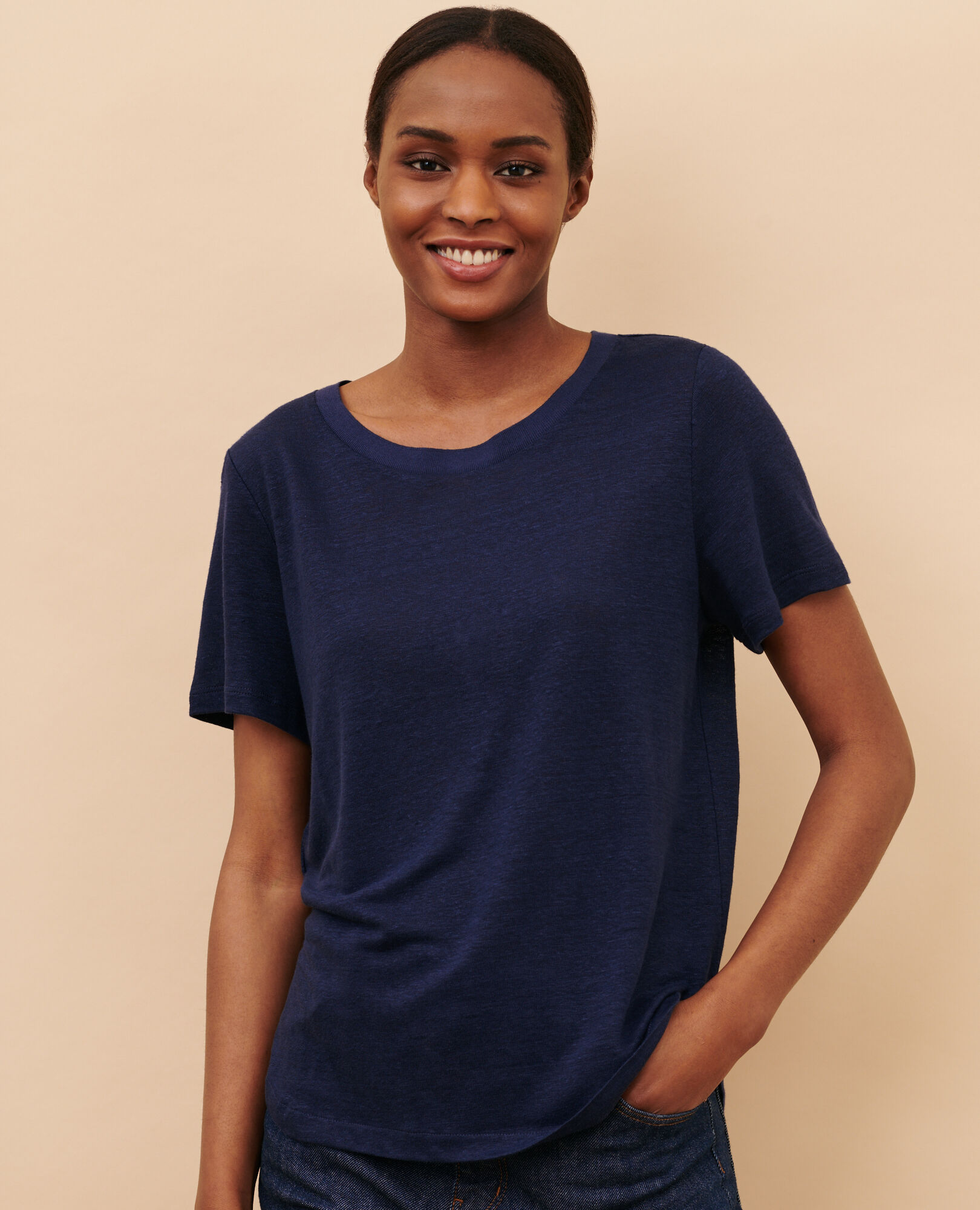 AMANDINE - Camiseta con cuello redondo de lino 68 blue 2ste055f05