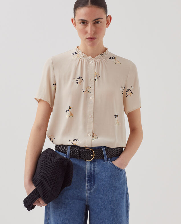 Camisa fluida de manga corta J311 fl bouquet beige