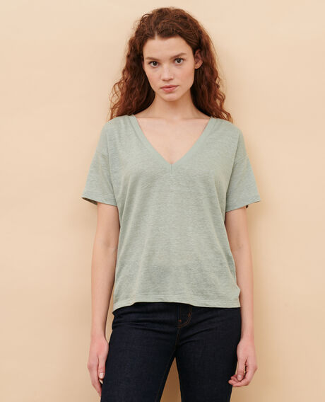 SARAH - Camiseta de lino con cuello de pico 54 green Locmelar
