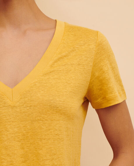SARAH - Camiseta de lino con cuello de pico 0460 ochre yellow 3ste082f05