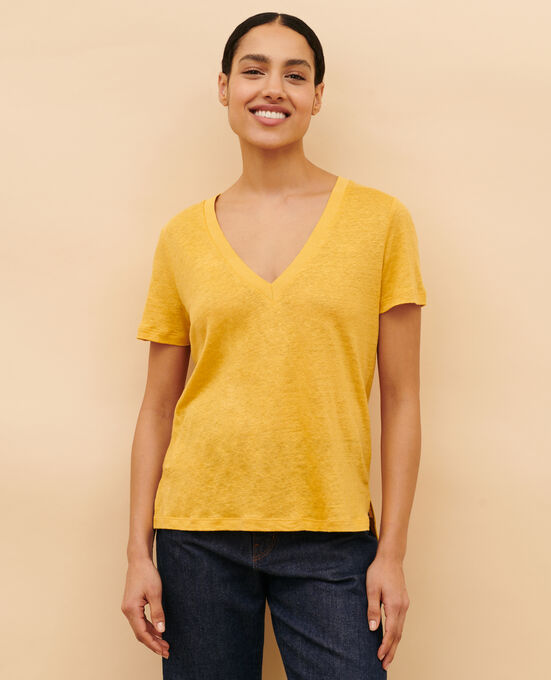 SARAH - Camiseta de lino con cuello de pico 0460 OCHRE YELLOW
