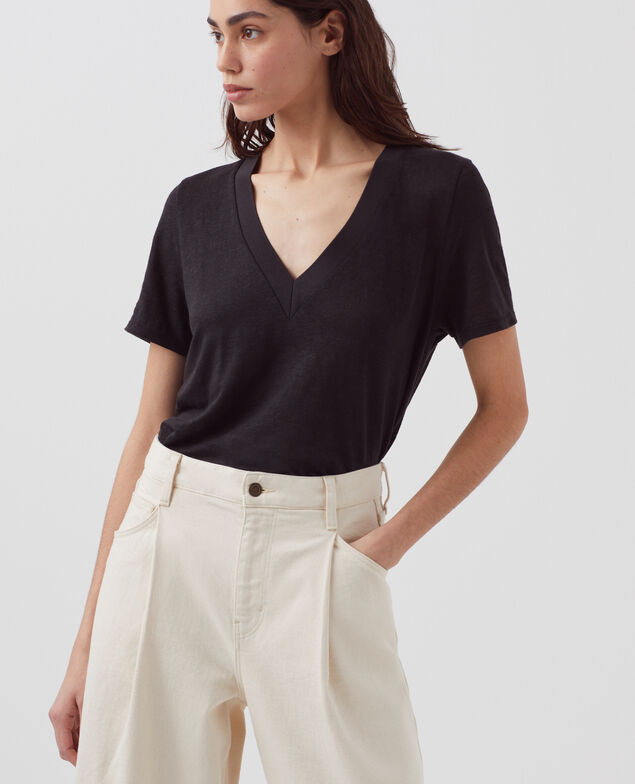 SARAH - Camiseta de lino con cuello de pico H091 black beauty