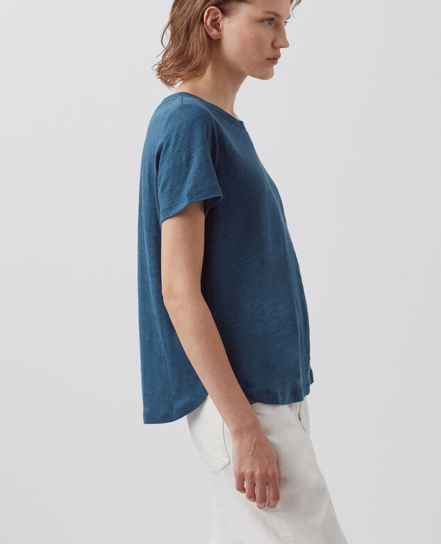 AMANDINE - Camiseta con cuello redondo de lino A662 solid blue duck 2ste055f05