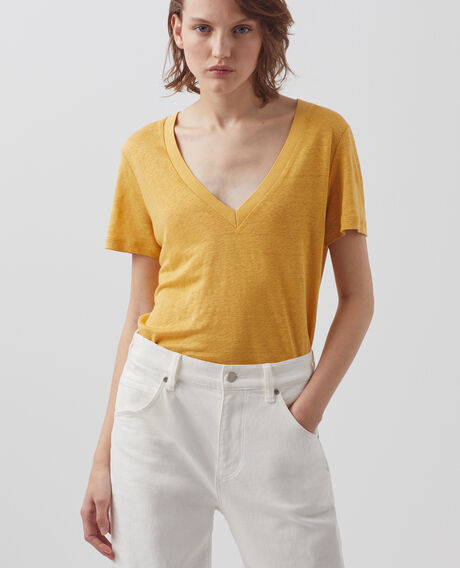 SARAH - Camiseta de lino con cuello de pico 0460 ochre yellow 3ste082f05