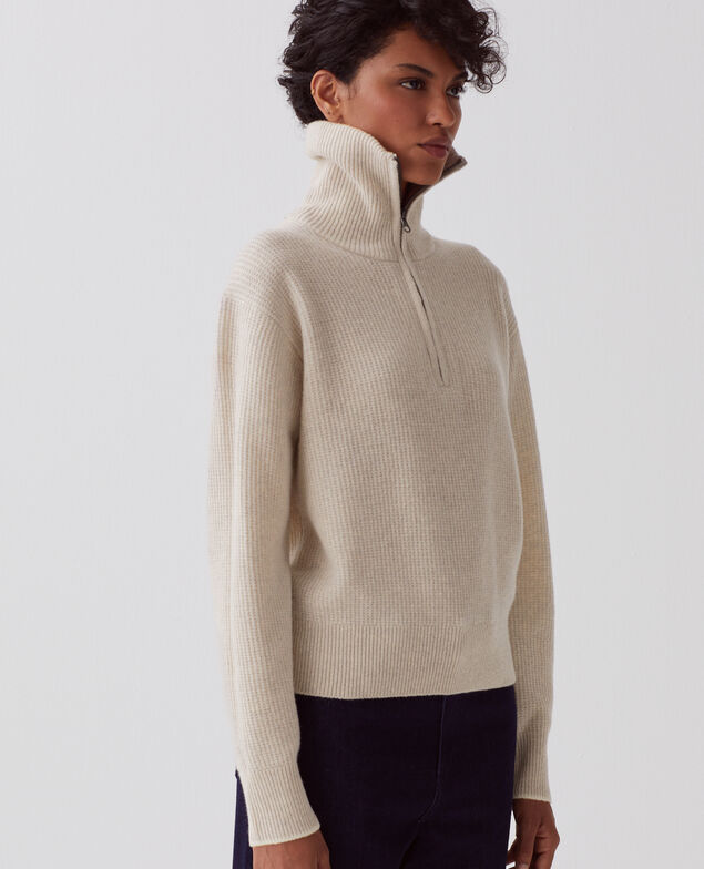 Jersey de lana con cuello de cremallera U300 natural