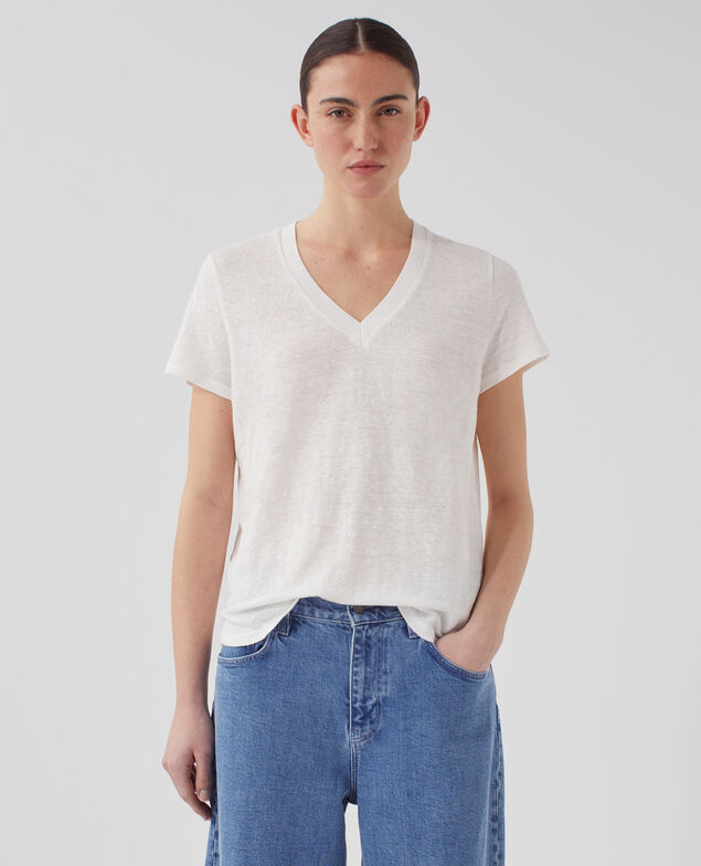SARAH - Camiseta de lino con cuello de pico U010 off white