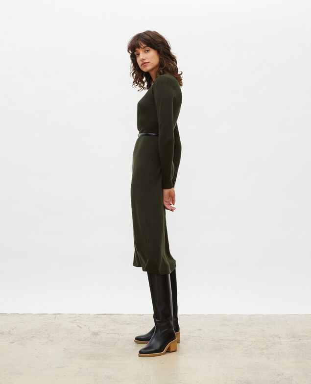 Vestido evasé de lana merino Military green
