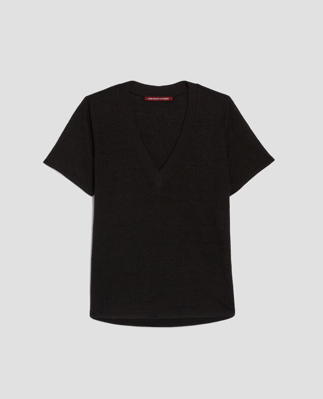 SARAH - Camiseta de lino con cuello de pico H091 black beauty