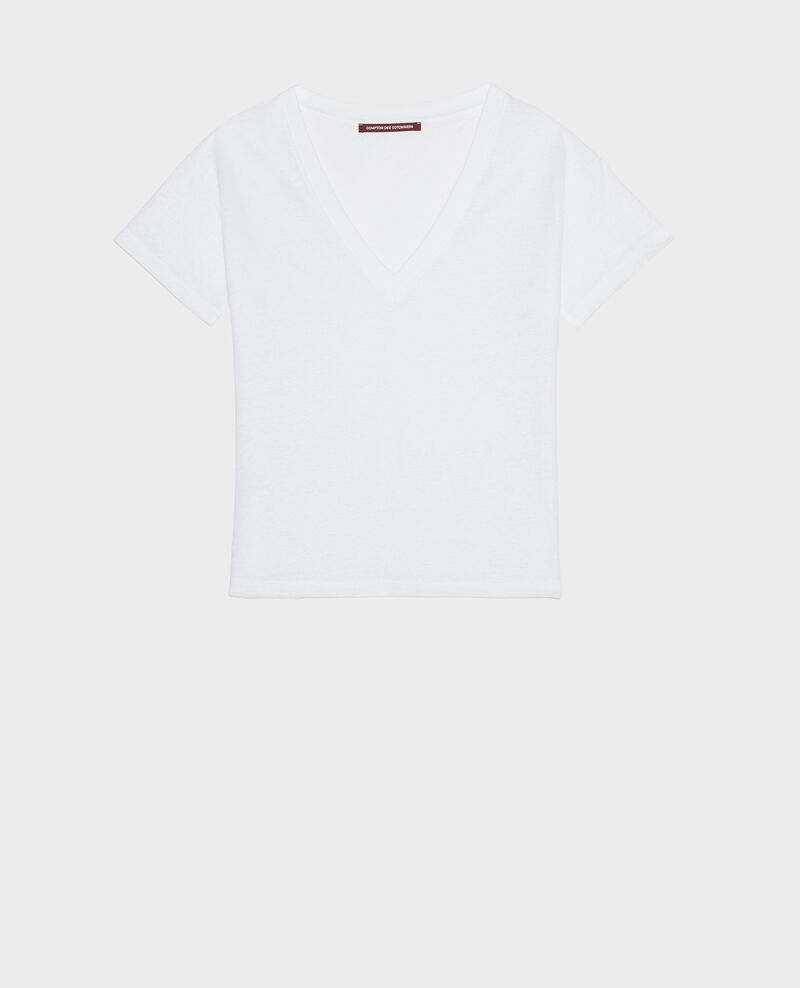 SARAH - Camiseta de lino con cuello de pico Optical white Locmelar