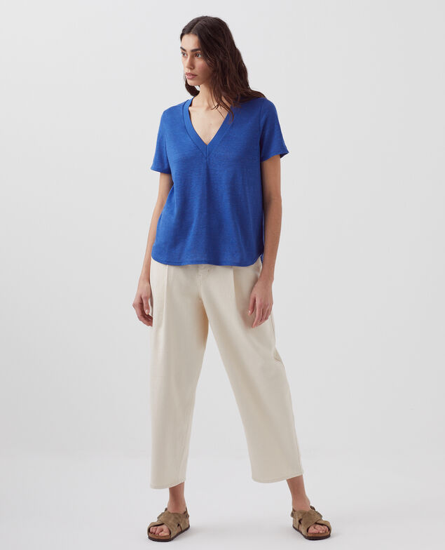 SARAH - Camiseta de lino con cuello de pico H660 sodalite blue