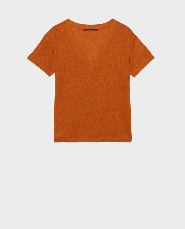 SARAH - Camiseta de lino con cuello de pico Pumpkin spice