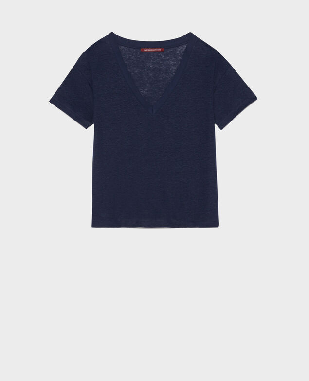 SARAH - Camiseta de lino con cuello de pico Maritime blue