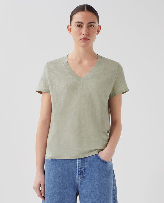 SARAH - Camiseta de lino con cuello de pico U520 green