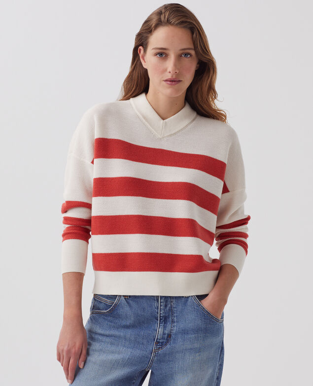 Jersey marinero con cuello de pico de lana merino J242 st ecru paprika