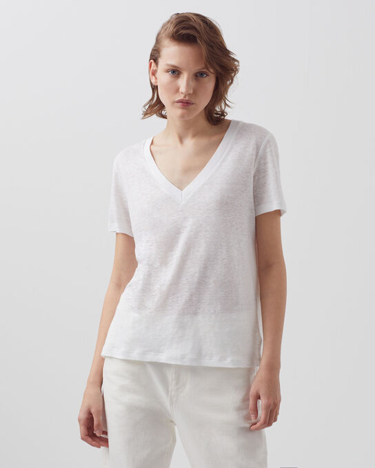 SARAH - Camiseta de lino con cuello de pico 4235 OPTICAL WHITE