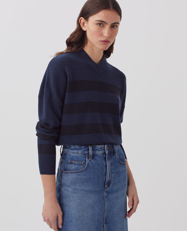 Jersey marinero con cuello de pico de lana merino J092 st blue black