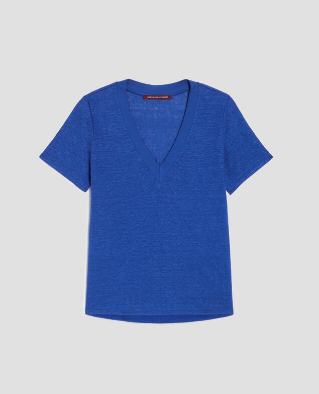 SARAH - Camiseta de lino con cuello de pico H660 sodalite blue