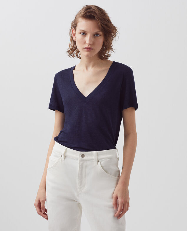 SARAH - Camiseta de lino con cuello de pico 4232 maritime blue 3ste082f05