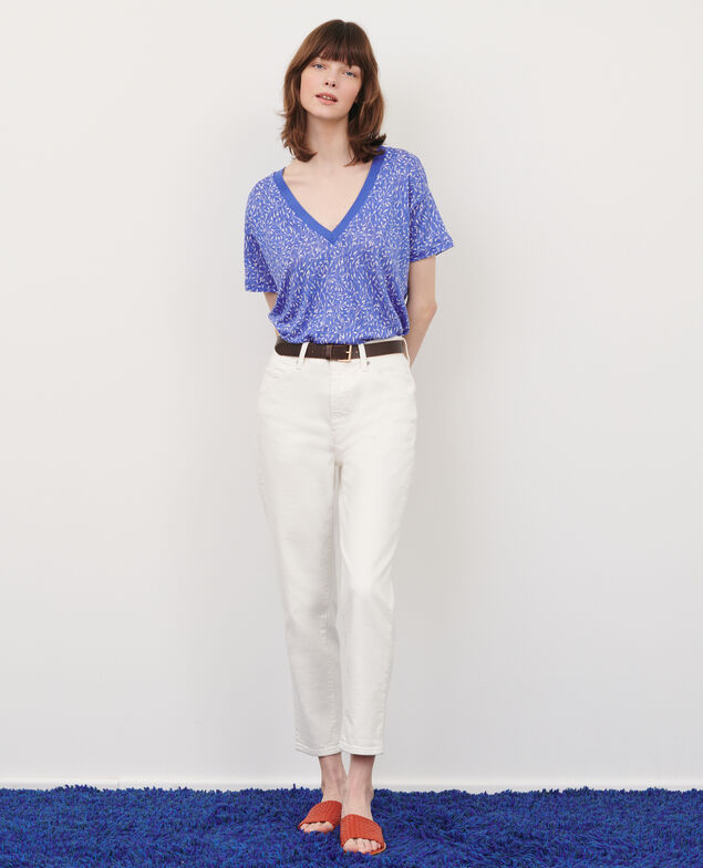SARAH - Camiseta de lino con cuello de pico 91 print blue