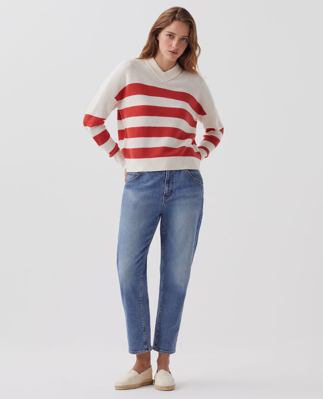 Jersey marinero con cuello de pico de lana merino J242 st ecru paprika