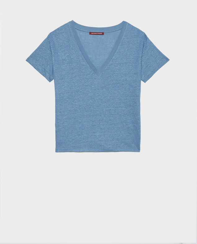 SARAH - Camiseta de lino con cuello de pico 8820 63 blue