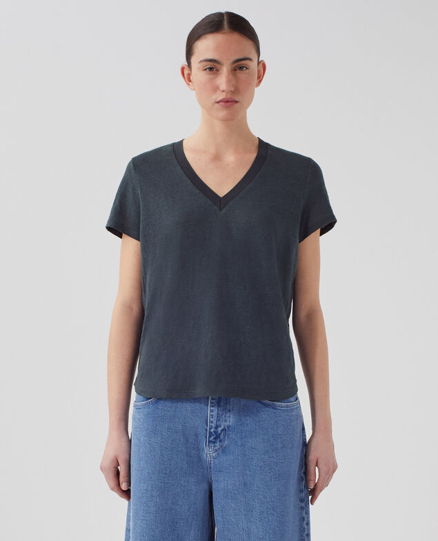 SARAH - Camiseta de lino con cuello de pico J690 blueberry