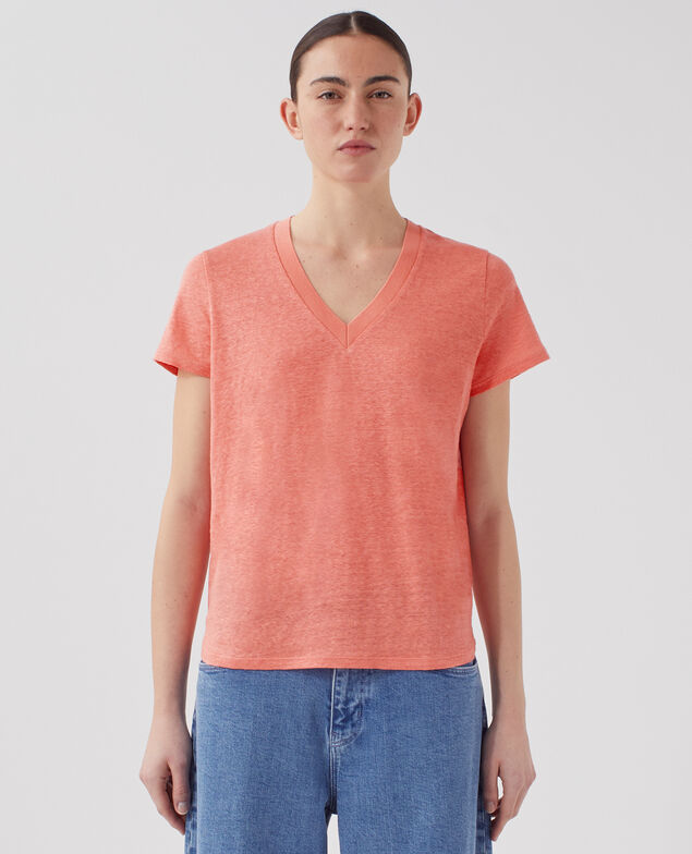 SARAH - Camiseta de lino con cuello de pico U120 pink