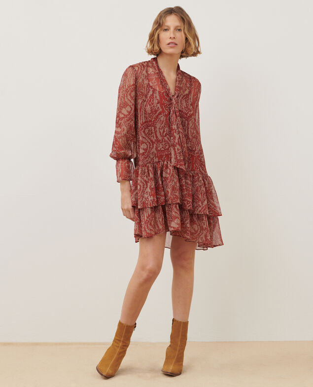 Vestido corto fluido de paño A182 print ikat wine
