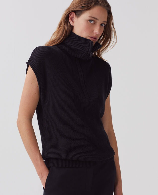 Jersey de lino sin mangas con cuello de cremallera H091 black beauty