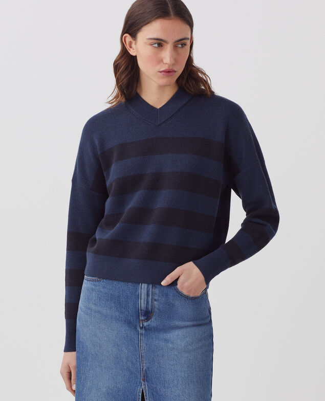 Jersey marinero con cuello de pico de lana merino J092 st blue black
