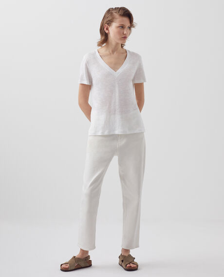 SARAH - Camiseta de lino con cuello de pico 4235 optical white 3ste082f05