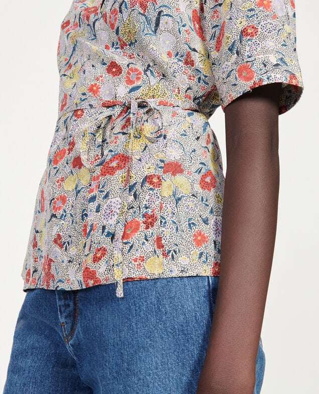  Blusa de seda motivo floral con escote cruzado Print eden cream