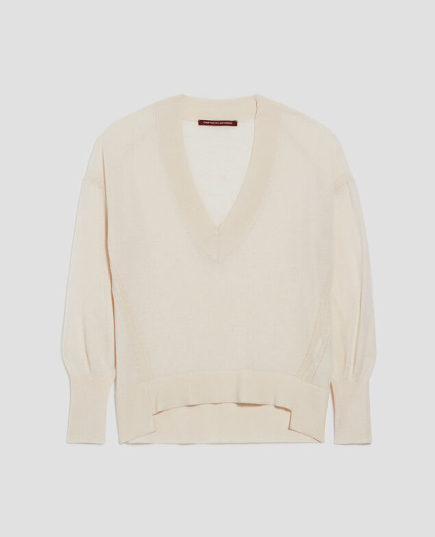 Jersey con cuello de pico de lana y seda I300 pearled ivory