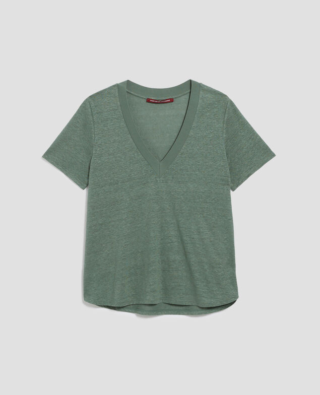 SARAH - Camiseta de lino con cuello de pico H542 darkforest