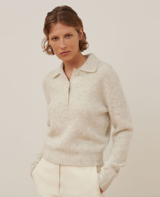 Jersey cuello polo de alpaca mezclada A009 WHITE KNIT