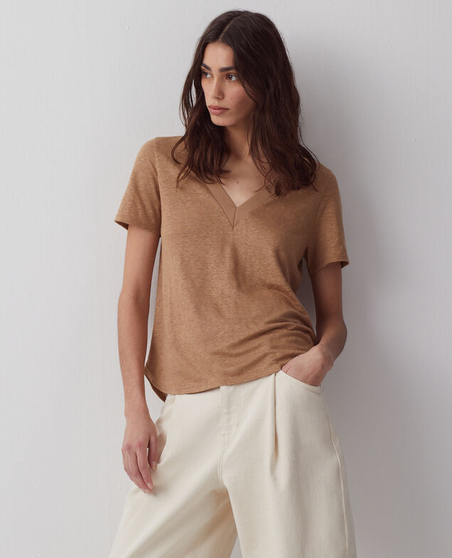 SARAH - Camiseta de lino con cuello de pico H330 tiger's eye