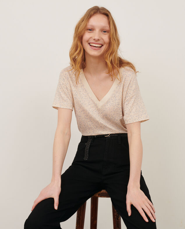 SARAH - Camiseta de lino con cuello de pico 91 print white