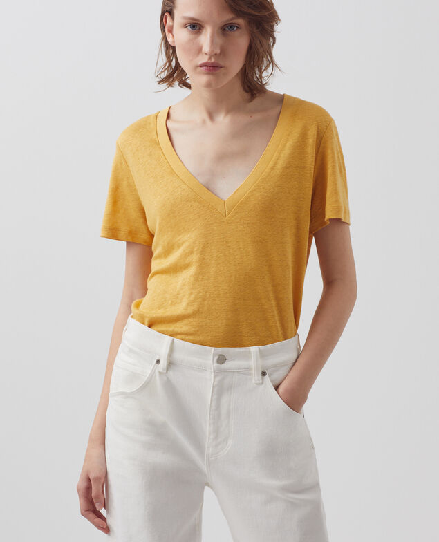 SARAH - Camiseta de lino con cuello de pico 0460 ochre yellow