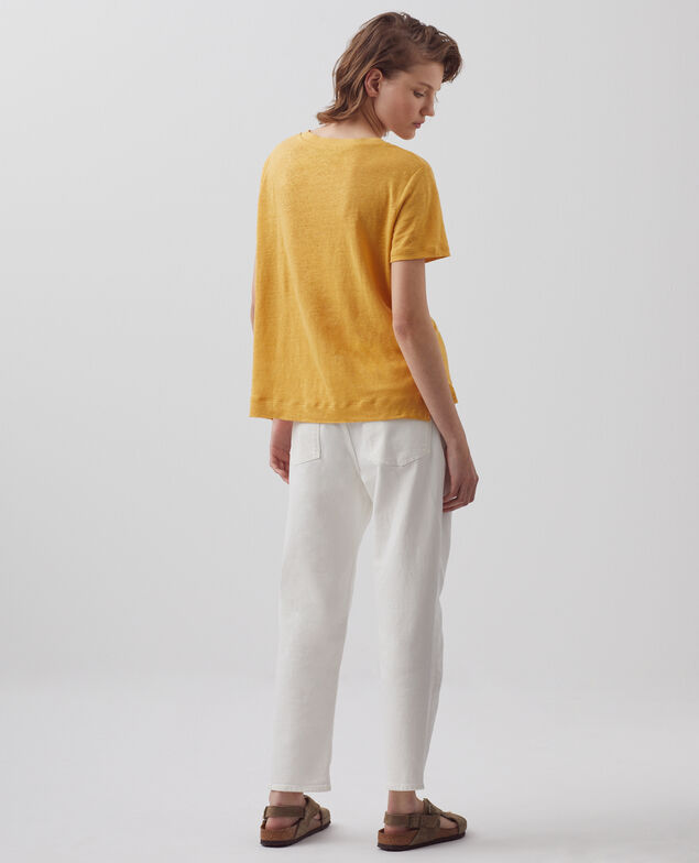 SARAH - Camiseta de lino con cuello de pico 0460 ochre yellow