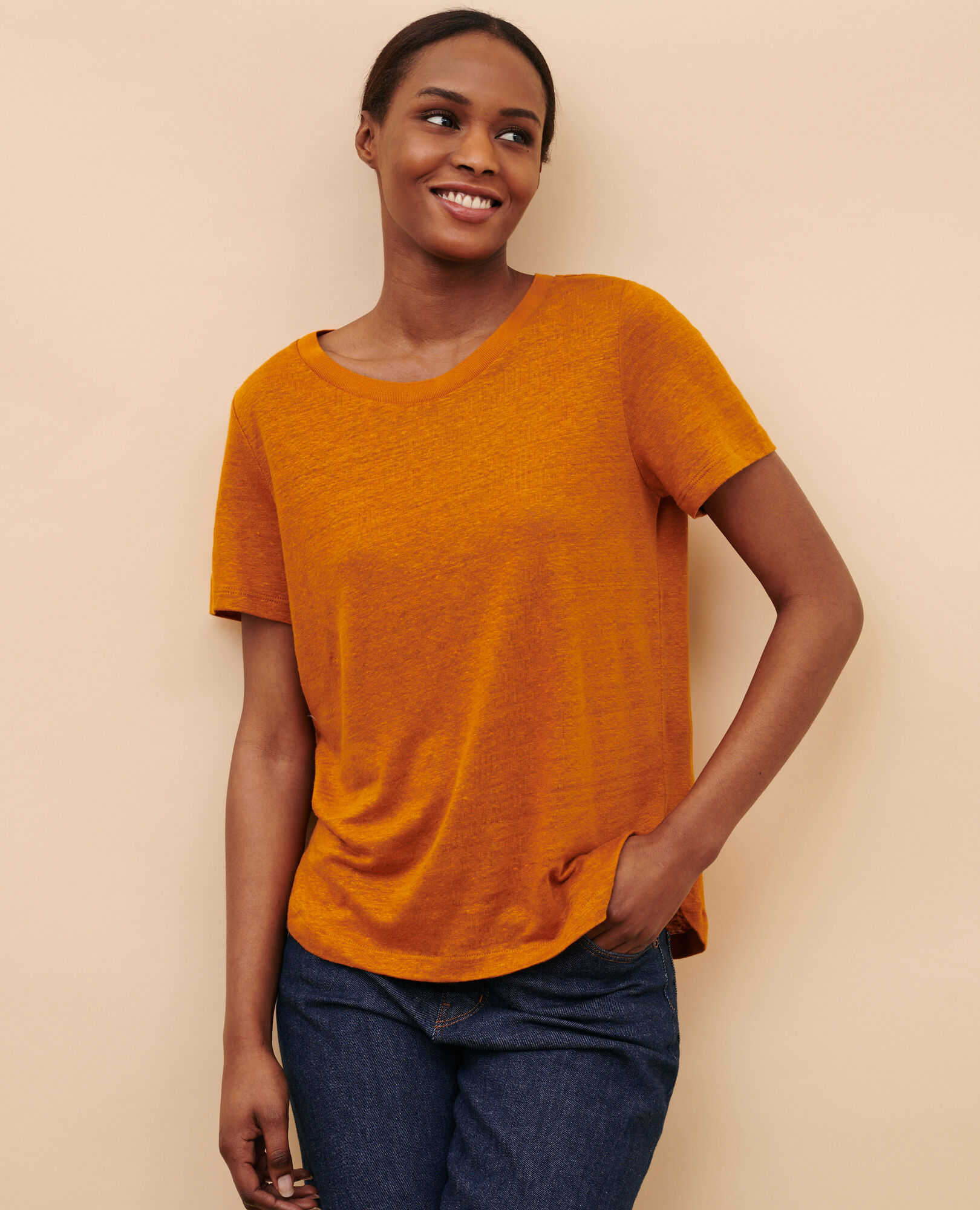 AMANDINE - Camiseta con cuello redondo de lino 29 orange 2ste055f05