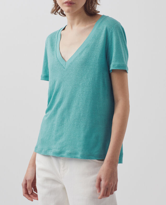 SARAH - Camiseta de lino con cuello de pico 0611 pagoda blue blue 3ste082f05