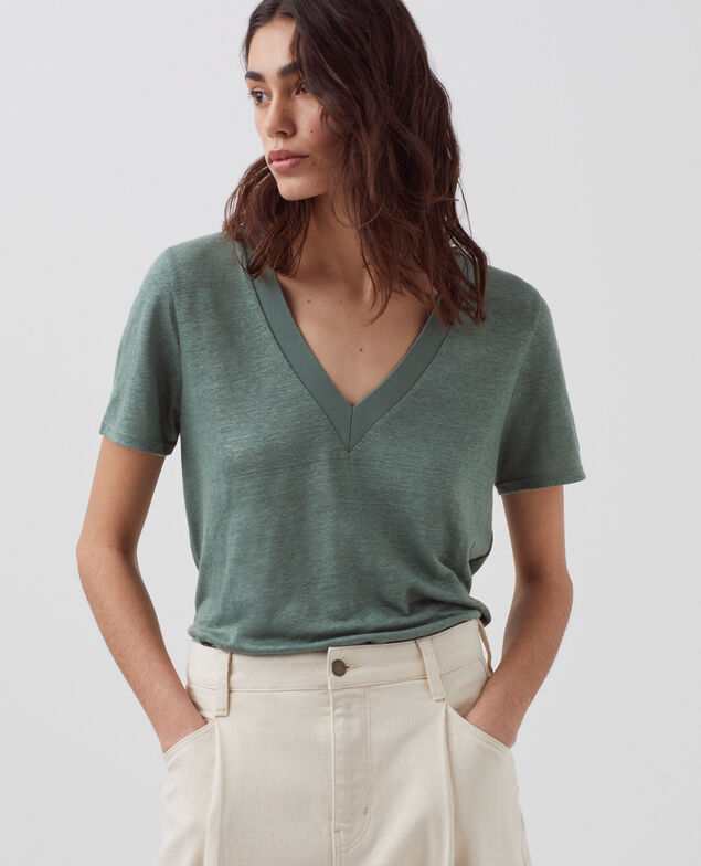 SARAH - Camiseta de lino con cuello de pico H542 darkforest