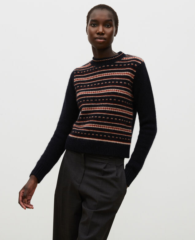 Jersey jacquard sin mangas de lana alpaca con cuello redondo Black brandy lighttaupe jacquard