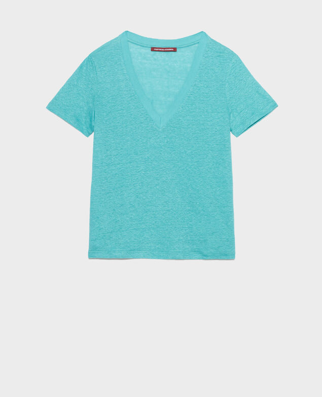 SARAH - Camiseta de lino con cuello de pico 0611 pagoda blue blue 3ste082f05