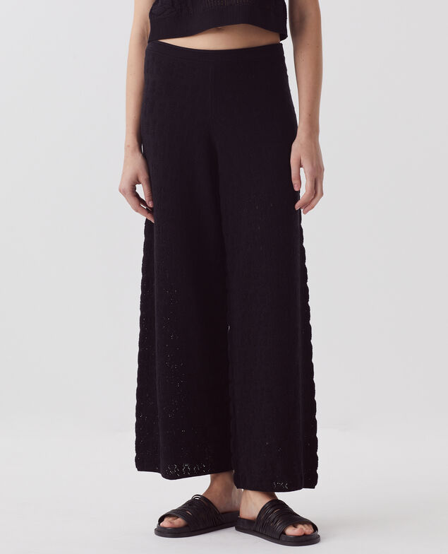 Pantalón evasé de algodón de crochet con textura H091 black beauty